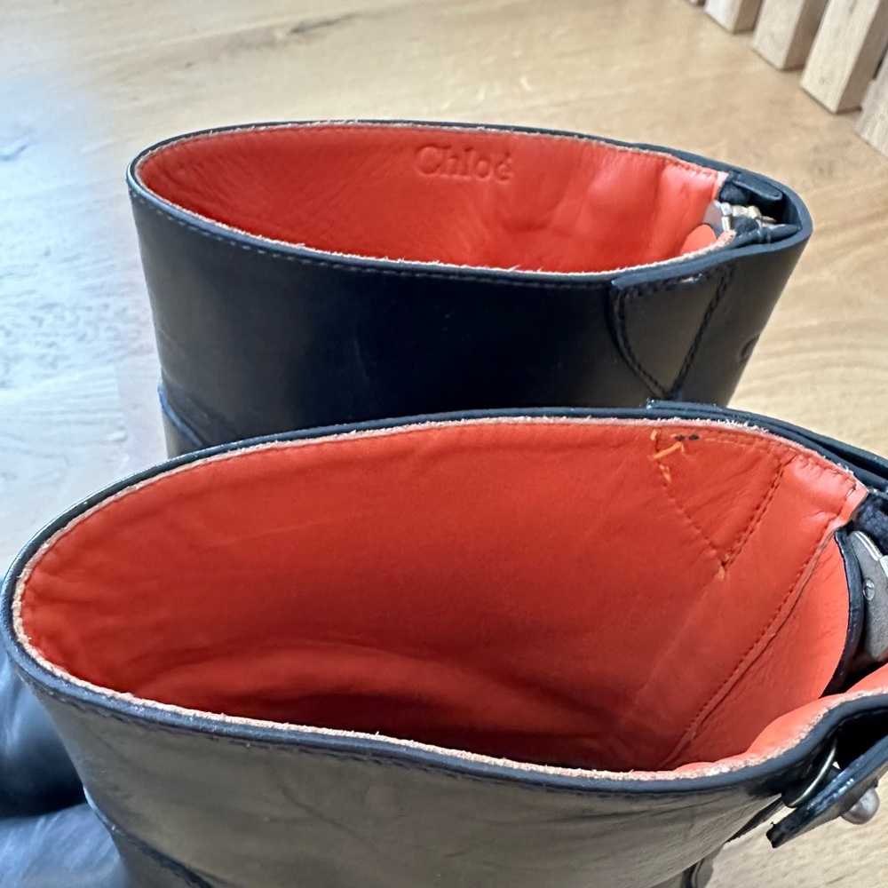 CHLOE Leather Boots, combat style with zipper calf height orange lining sz 37.5 - Picture 6 of 16